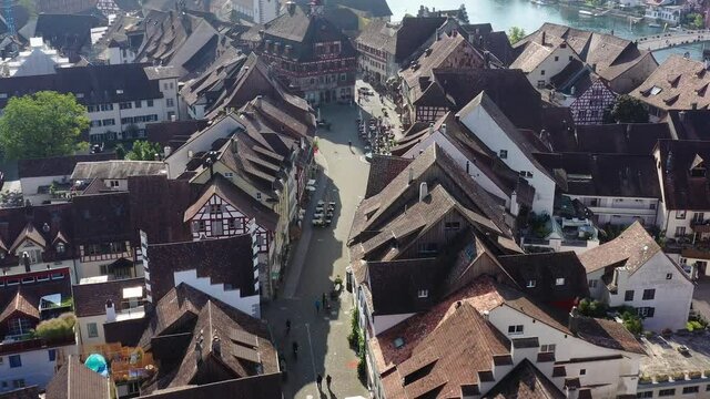 Aerial drone footage of the street of the medieval Stein am Rhein town in Canton Schaffousen in eastern Switzerland