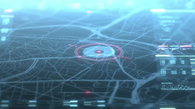 Security spy program interface. Dynamic modern HUD. GPS location tracking or scanning futuristic software. Marker, indicator moving on the map. Satellite view. Hi-tech. 3D Render 4K animation concept