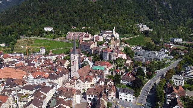 Aerial drone footage of the Chur old town in Canton Graubunden in the alps in Switzerland