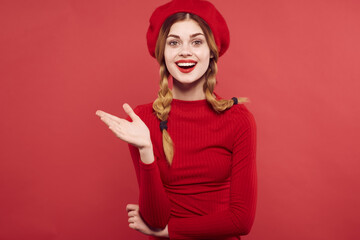 beautiful woman with pigtails fun Red lips luxury studio posing