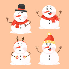 Set of cute cartoon snowmen in flat style. Vector winter illustration with characters isolated on background.