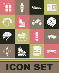 Set Vintage sport racing car, Ski goggles, Helmet, Formula 1, Skates, Parachute, Aqualung and Motorcycle icon. Vector