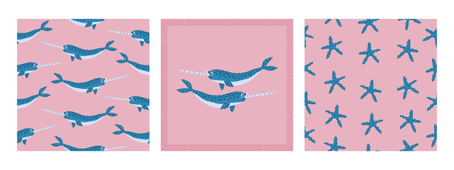 Cute cartoon blue narwhals and sea stars. Wild ocean animals hand drawn vector illustration. Set of seamless pattern for children. © Елена Радькова