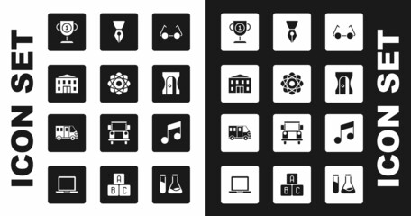 Set Glasses, Atom, School building, Award cup, Pencil sharpener, Fountain nib, Music note, tone and Bus icon. Vector