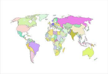 Vector Pastel Colored World Map, Political Map on White Background, Illustration Template, Decorative Banner.