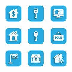 Set House key, under protection, Hanging sign with text Sold, Online real estate house and dollar symbol icon. Vector