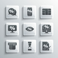 Set Old hourglass, Finance document, Percent discount and monitor, Eye with percent, Credit card, Discount tag, and chip icon. Vector