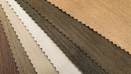 samples of fabric for interior upholstery or drapery works in earth tone color. swatch of brown zigzag pattern fabric. fabric for vintage interior style. close-up image.