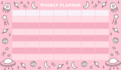 Printable weekly planner with spaceships, planets, stars and moon on pink background, school timetable for kids