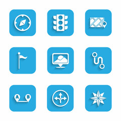 Set Location, Road traffic sign, Wind rose, Route location, marker, City map navigation and Compass icon. Vector