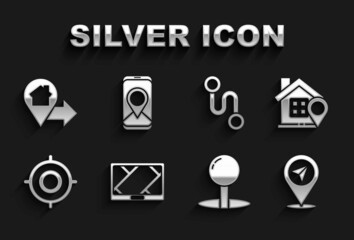 Set Gps device with map, Location house, Push pin, Target sport, Route location, and City navigation icon. Vector