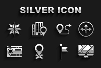 Set Location, Road traffic sign, Monitor with location marker, Infographic of city map navigation, Route, Wind rose and house icon. Vector