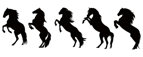 Set black horse on hind legs silhouette on white background vector