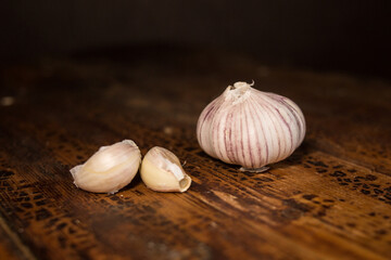 Garlic. clove of garlic, garlic onion on a wooden table.