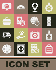 Set Pet carry case, shampoo, Bandage plaster, Location veterinary, Clinical record pet, and World icon. Vector