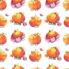 Seamless pattern with characters. Hand drawn watercolor pumpkin set isolated on white background.