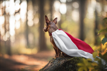 A cute miniature pinscher in a white-red-white flag sitting on a wooden stump with his back to the...