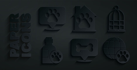 Set Dog bone, Cage for birds, Pet shampoo, World pet, house and Location veterinary icon. Vector © Kostiantyn