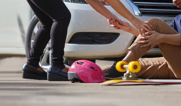 Accident Skateboard Crashes Car After Stunt On Street And Lost Control.