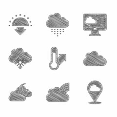 Set Meteorology thermometer, Rainbow with clouds, Location, Cloud, moon, snow, Weather forecast and Sunset icon. Vector