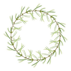 Pine branch wreath. Festive round seasonal decoration. Watercolor illustration. Christmas green holiday wreath. Winter evergreen pine natural round decor element. White background