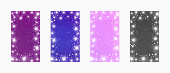 Christmas Backgrounds. New Year templates with place for text. Magical sparkling frame with shining twinkling stars. Glowing particles on purple, blue, pink and black. Vertical screen format