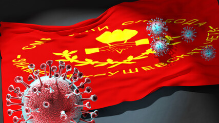 Covid in Krusevo Municipality North Macedonia - coronavirus and a flag of Krusevo Municipality North Macedonia as a symbol of pandemic in this city, 3d illustration