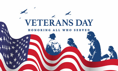 Veteran's day poster.Honoring all who served. Veteran's day illustration with american flag and soldiers