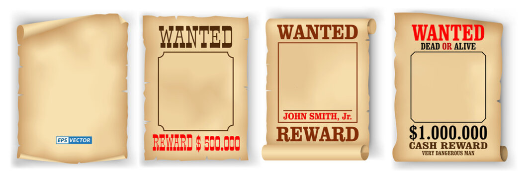 set of realistic wanted poster isolated or vintage scroll parchment manuscripts or grunge old paper brown poster template. eps vector