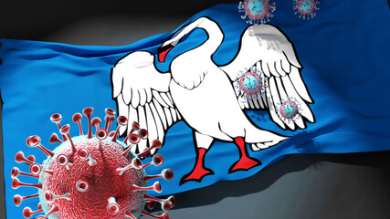Covid in Jonava Lithuania - coronavirus attacking a city flag of Jonava Lithuania as a symbol of a fight and struggle with the virus pandemic in this city, 3d illustration