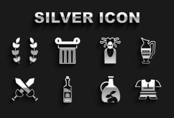 Set Bottle of wine, Ancient amphorae, Body armor, olive oil, Crossed medieval sword, Medusa Gorgon, Laurel wreath and column icon. Vector