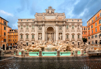 Trevi Fountain (Fontana di Trevi) in the morning light in Rome, Italy. Trevi is most famous fountain of Rome. Architecture and landmark of Rome. - obrazy, fototapety, plakaty