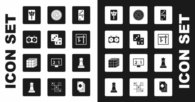 Set Domino, Game dice, Time chess clock, Mahjong pieces, Bingo, Checker game chips, Chess and Rubik cube icon. Vector