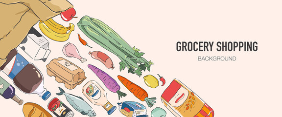 Grocery product background. Grocery shopping concept illustration