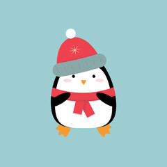Cute cartoon baby penguin in hat and scarf