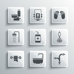 Set Bathtub, Industry metallic pipe, Toilet brush, Hand sanitizer bottle, paper roll, Shower, bowl and Flip flops icon. Vector