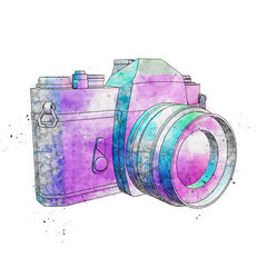 Stylised watercolour sketch of a camera in pastel tones. - 459080509