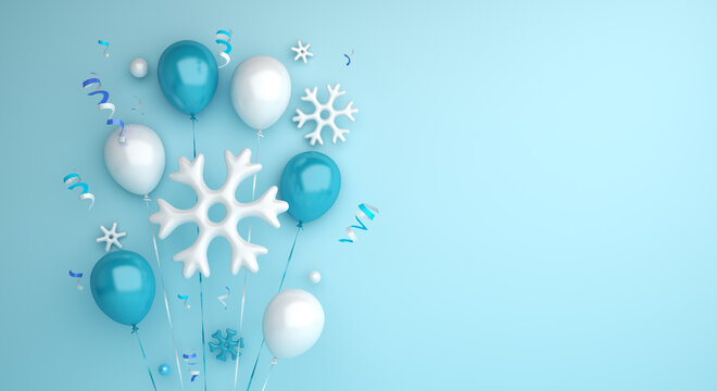 Winter sale background with balloon, snowflakes, copy space text, 3D rendering illustration