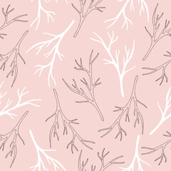 Dusty rose color pattern, doodle floral vector texture, pattern with tree branches, rose color seamless pattern in hand-drawn style, texture with floral elements