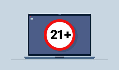 twenty one plus round sign on laptop with prohibited content. 21. Adult content. Vector