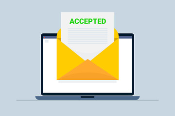 Acceptance letter with open document on laptop screen. Positive answer in college, university or at work.