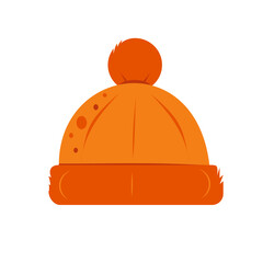 Vector illustration of an orange hat with a pompom. Headdress. Warm clothes. Insulated hat. Knitted hat.
