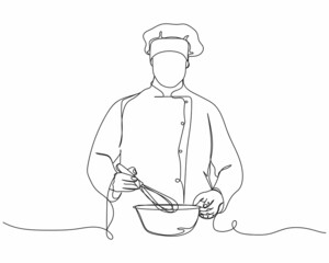 Continuous one line drawing of chef cooking in silhouette on a white background. Linear stylized.