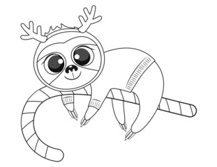Naklejka premium Christmas baby sloth colouring book page. Vector illustration.