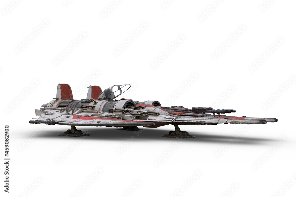 Poster 3d rendering of a science fiction fantasy fighter jet powered space ship parked on the ground isolat