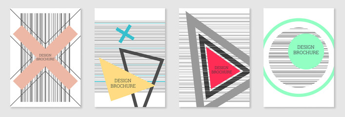 Set of cover design in Memphis style. Geometric design, abstract background. Fashionable bright cover, banner, poster, booklet. Creative colors.