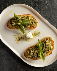 scramble on toast with pesto sauce