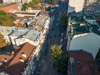 Houses in the business area of Kiev. Summer sunny day. Aerial drone view.