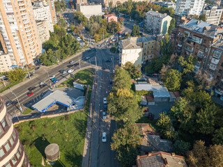 Houses in the business area of Kiev. Summer sunny day. Aerial drone view.