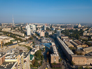 Fototapeta na wymiar Houses in the business area of Kiev. Summer sunny day. Aerial drone view.
